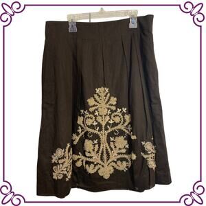 Ann Taylor Loft Skirt Brown Linen Blend Embroidered Floral Flared Boho Sz 4 NEW